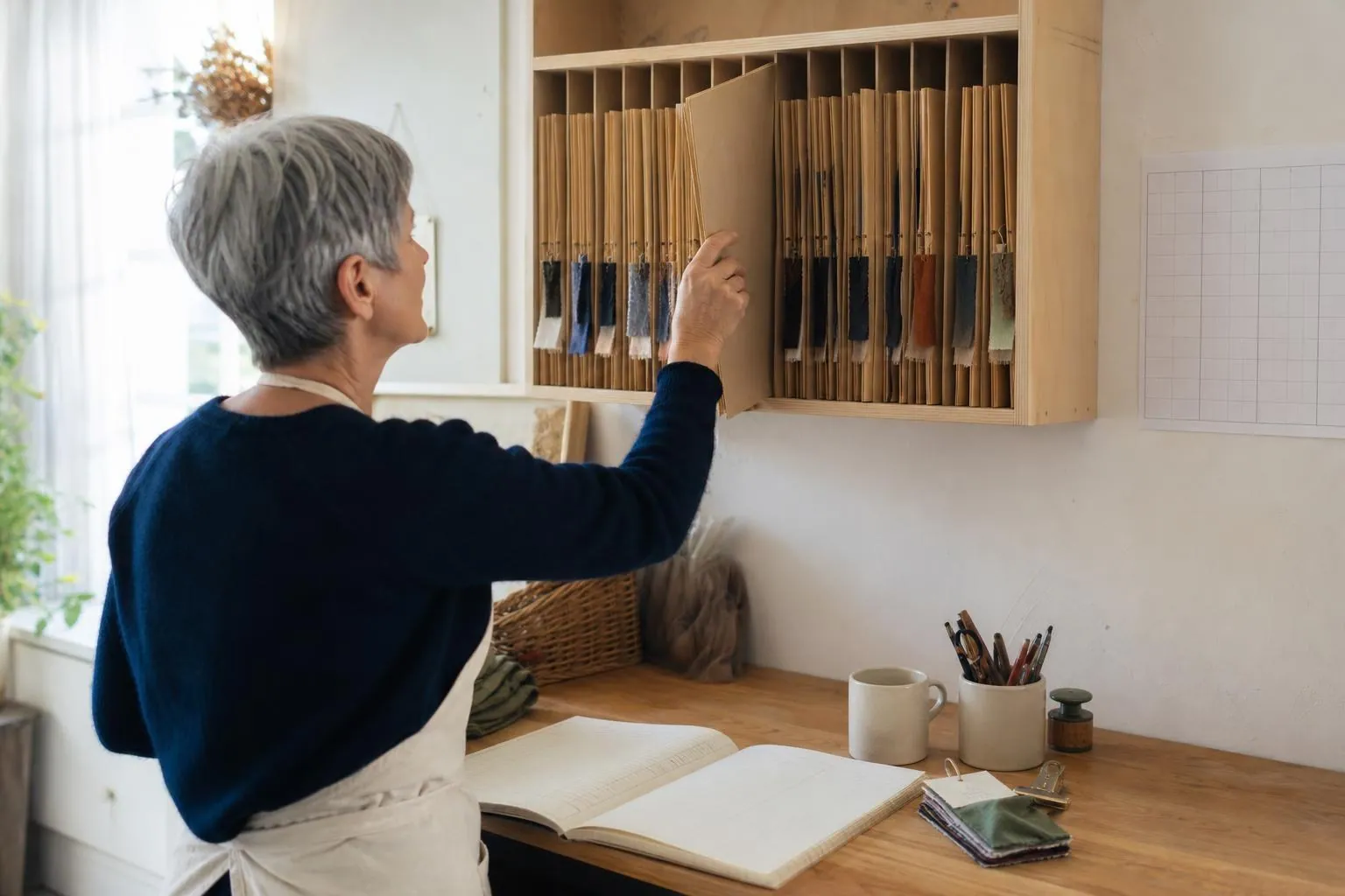 Artisane rangeant des dossiers à onglets dans un casier vertical au dessus d’un plan de travail d’atelier textile