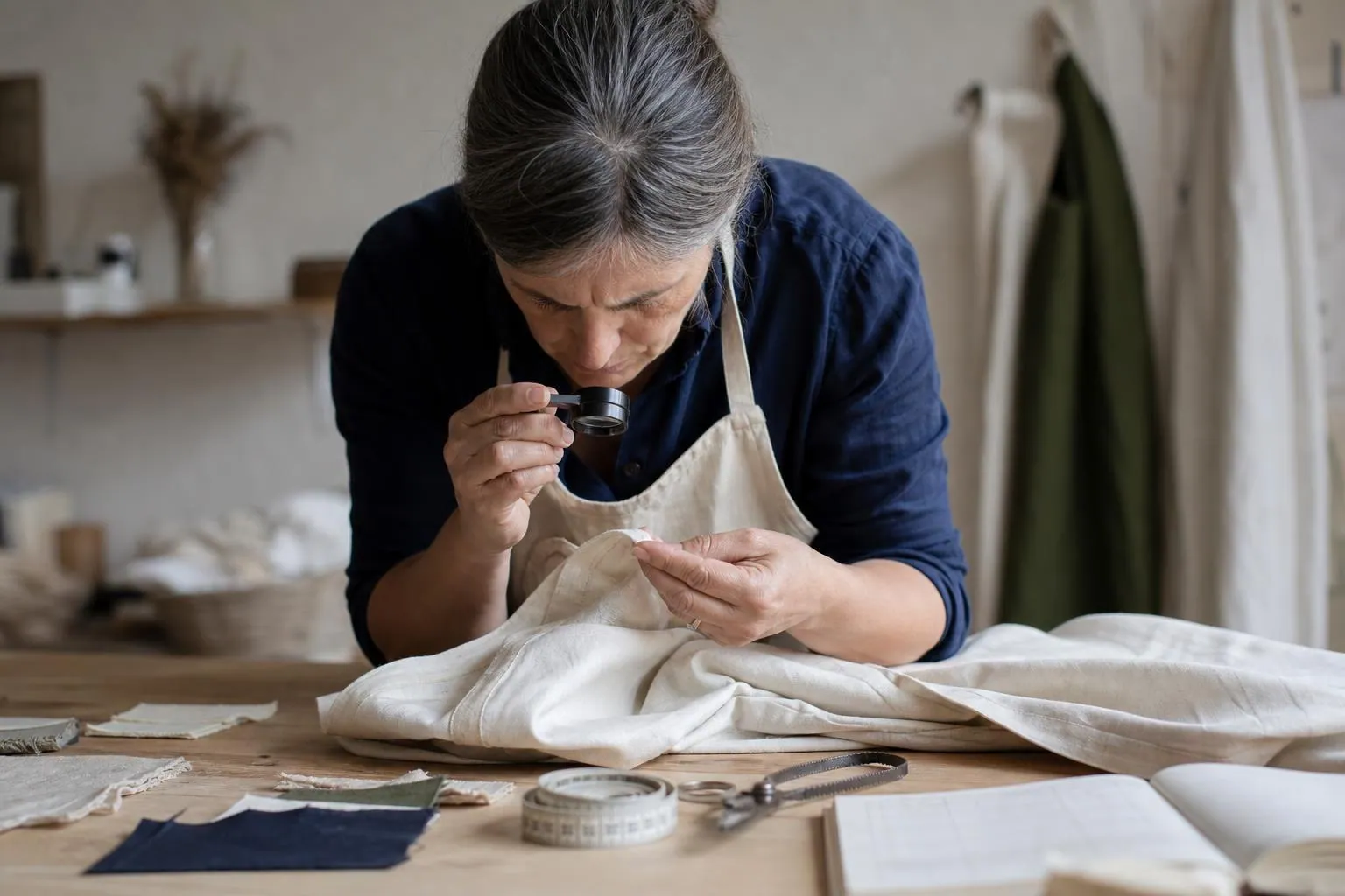 Artisane examinant l’étiquette de composition d’une robe posée à plat sur une grande table d’atelier claire