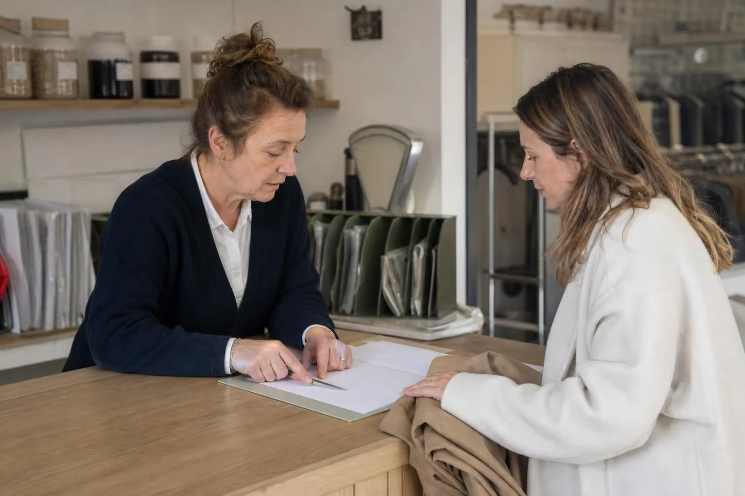 Deux femmes au comptoir d’un atelier textile relisant ensemble un devis papier posé dans un dossier à onglet