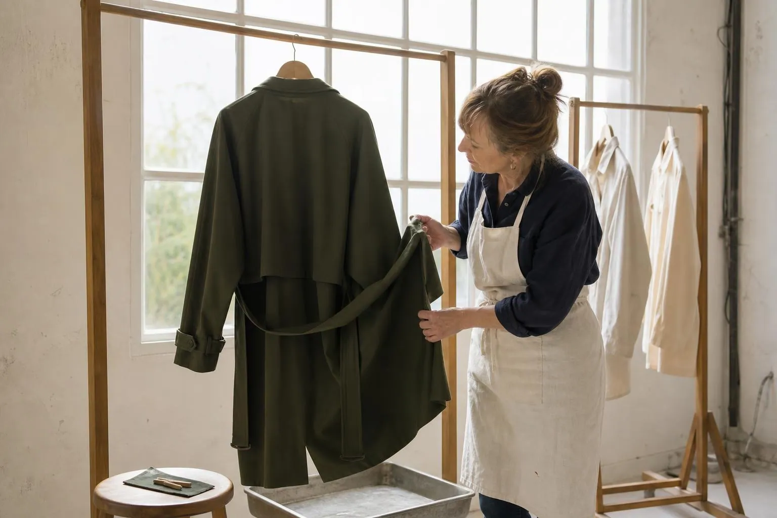 Manteau de gabardine suspendu à un portant de séchage devant une fenêtre, artisane vérifiant la nuance à contre jour