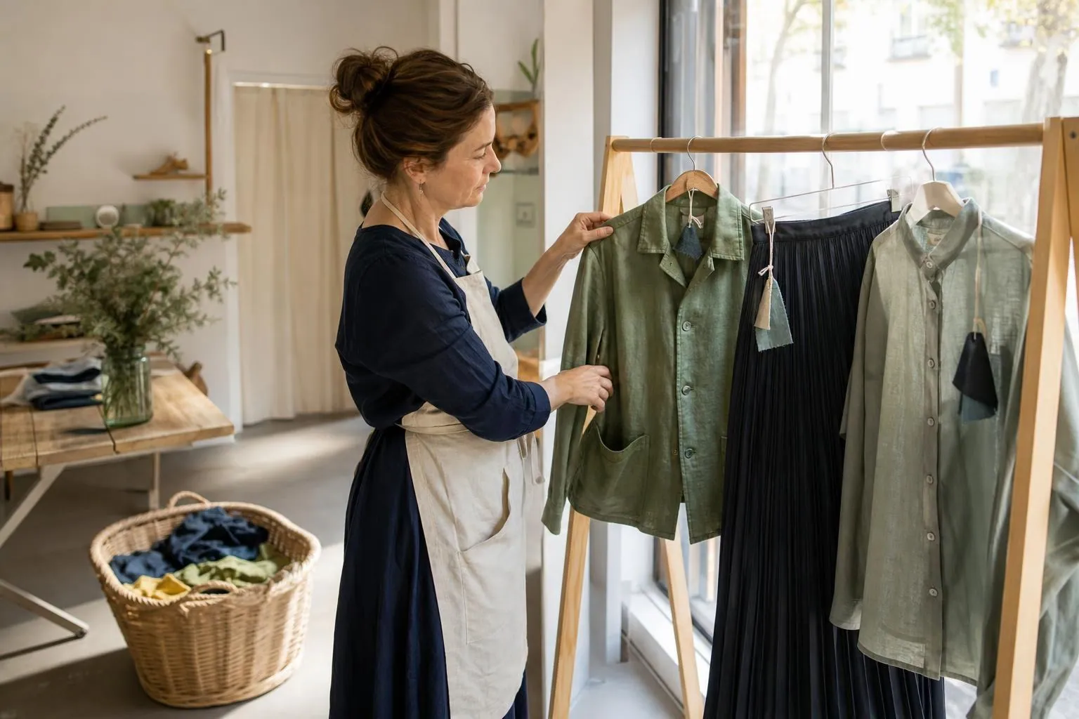 Portant en bois présentant des pièces féminines reteintes et transformées près de la vitrine claire d’un atelier
