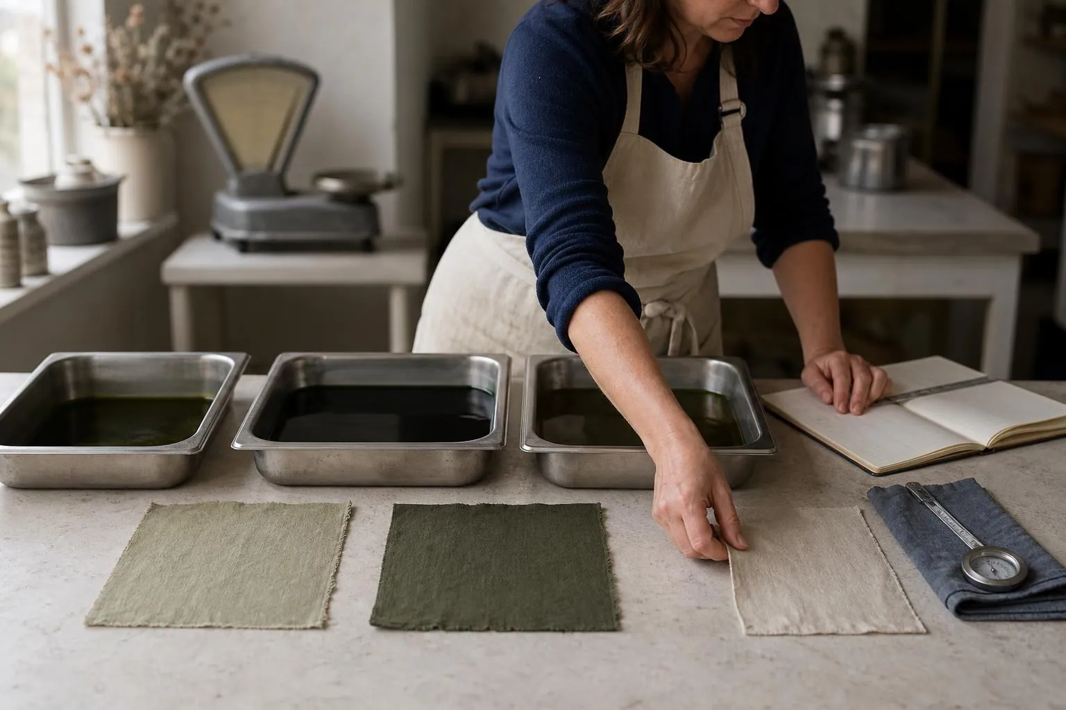 Trois coupons de tissu de nuances différentes alignés sur une paillasse près de trois petits bacs d’essai