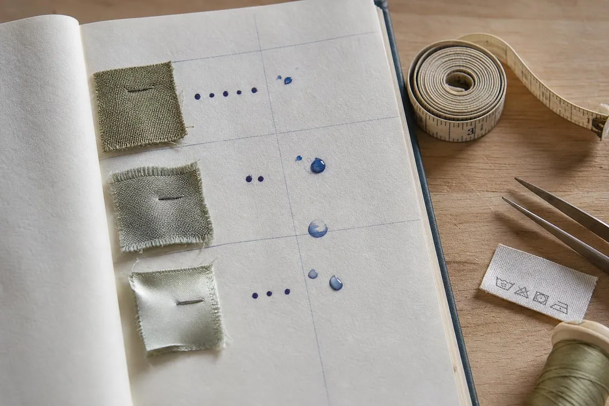 Gros plan d un carnet à colonnes avec des coupons de tissu teints agrafés et des notes manuscrites de bain et de température