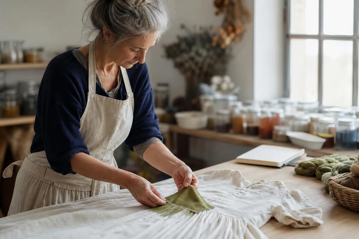 Artisane teinturière montrant un petit coupon de tissu teint posé sur une robe claire, dans un atelier lumineux