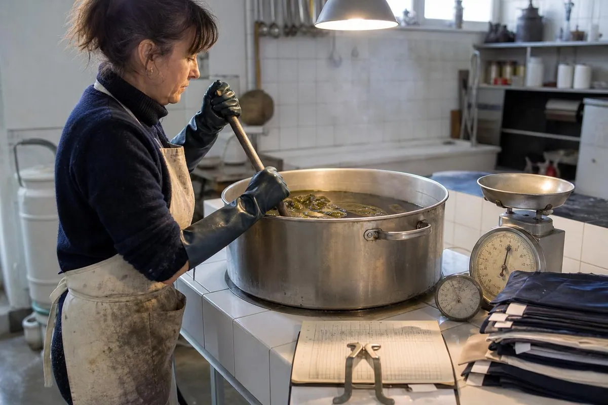 Femme en tablier remuant un vêtement immergé dans une grande cuve de teinture, thermomètre posé à côté sur le plan de travail